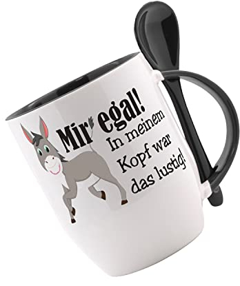 Tasse m. Löffel Mir egal in meinem Kopf ist das lustig Löffeltasse, Kaffeetasse mit Motiv,Bürotasse, bedruckte Tasse mit Sprüchen oder Bildern - auch individuelle Gestaltung nach Kundenwunsch