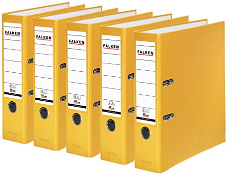 Original Falken 5er Pack PP-Color Kunststoff-Ordner. Made in Germany. 8 cm breit DIN A4 gelb Vegan Ringordner Aktenordner Briefordner Büroordner Plastikordner Schlitzordner