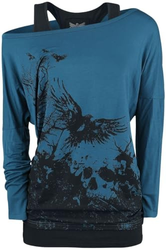Black Premium by EMP Damen schwarz-blaues Langarmshirt im Double-Layer-Look