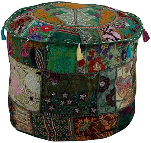 GANESHAM Indian Home & Living Decor Hippie Patchwork Sitzsack Boho Bohemian Handbestickt Ethnisch Handgefertigt Pouf Ottoman Vintage Baumwolle Bodenkissen & Kissen 33 cm H x 45,7 cm Durchmesser