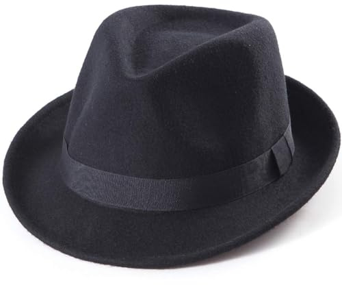 Black Fedora Hat for Men - Classic Wool Short Brim Trilby for Winter, 7 1/4