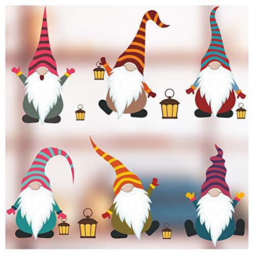 6 x Christmas Gonk Window Stickers with Lanterns - Christmas Window Decorations - 6 Colourful Scandinavian Christmas Gnomes Glass Clings