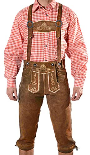 SYMPHONIE WESTERWALD Bayerische Herren Trachten Lederhose, Trachtenlederhose mit Trägern, Oktoberfest in Mittelbraun Größe 50