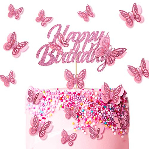 13 Pieces Butterfly Happy Birthday Cake Topper Glitter Butterfly Cake Toppers Butterfly Cupcake Picks for Birthday Party Supplies Baby Shower Anniversary Wedding (Rose Gold)