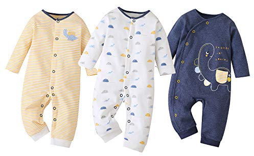 amropi Pack de 3 Mono Bebé Niñas Niños Peleles Pijama Mameluco de Manga Larga, 12-18 Meses,Amarillo/Blanco/Marino