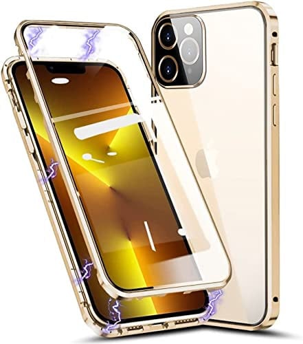 WEYNRBOX Case for Apple iPhone 13 Pro Max Magnetic Cover,Double-sided Tempered Glass Phone Case,Front and Back Metal Bumper 360 Full Cover Built-in Camera Protection for iPhone 13 Pro Max-Clear Gold