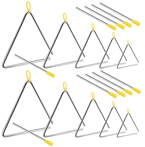 SINJEUN 10 Pack Musical Steel Triangle, 4, 5, 6, 7, 8 Inches Triangle Musical Instrument with Striker and Finger Holder, Triangle Hand Percussion Instrument for Music Learning and Teaching