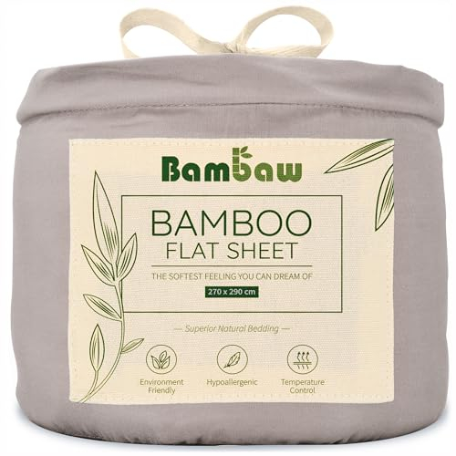 Bambaw Bambus Bettlaken ohne Gummizug 270x290 cm, nachhaltige Bambus Bettwäsche, Glatte Bettlaken ohne Spanngummi, hautfreundliche Anti Allergie Bettwäsche, weiche und kühlende Laken (Grau)