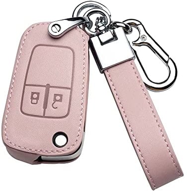 HIBEYO Autoschlüssel Hülle passt für Opel Schutzhülle Schlüsselhülle Rindsleder Cover für Chevrolet Adam Astra Mokka Insignia Meriva Zafira Vauxhall Klappschlüssel Schlüsselbund-2tasten Rosa