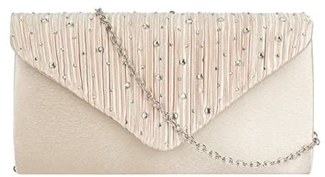 Milya Damen Satin Glitzer Clutch Abendtasche, Strass Envelope Handtasche Hochzeit Party Unterarmtasche Umhängetasche Schultertasche mit Schulterkette, Hellbeige