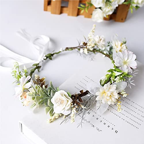 Bymivofun Weiße Blumenkrone, Hochzeits Blumenstirnband, Braut Blumenkranz, für Dreharbeiten, Party, Hochzeit, Zeremonie, Festival