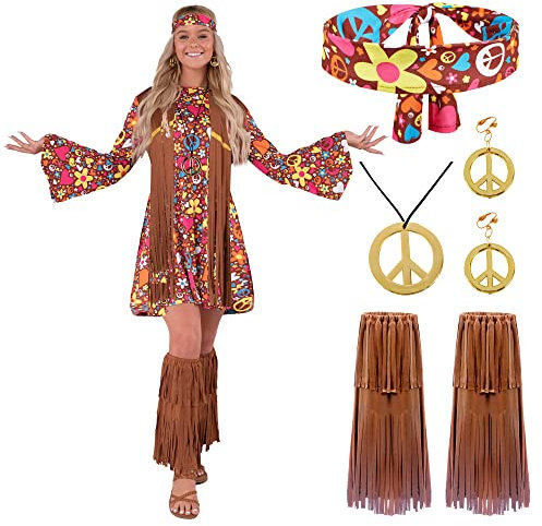 Spooktacular Creations Hippie-Kostümset für Damen, Stirnband, Ohrringe, Kleid, Weste, Socken, Stiefelstulpen, Hippie-Kleidung im 70er-Jahre-Stil für Halloween-Anziehparty, Cosplay - XL