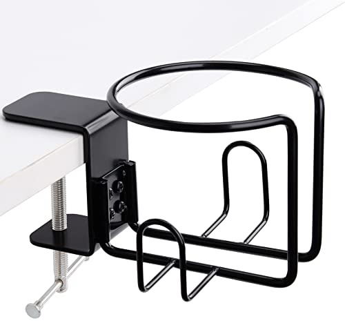 LEKUSHA Large Desk Cup Holder, Clip On Table Cup Holder, Anti-Spill, Pack of 2, Black