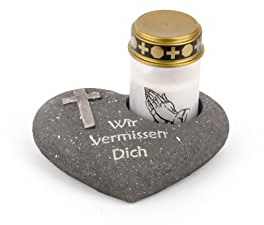 Novaliv Grabschmuck Herz Anthrazit mit Kreuz Spruch Wir vermissen Dich inkl. LED Grablicht Weiß Grabdeko Grabherz Wetterfest Grabdekoration Gedenkstein Teelichthalter Trauerstein