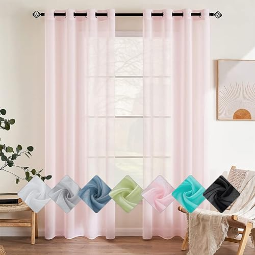 EMEMA 2er Set Sheer Voile Vorhang mit Ösen Transparente Gardine aus Voile Polyester Ösenschal Transparent Wohnzimmer Luftig Dekoschal für Schlafzimmer 140 X 185 cm Rosa