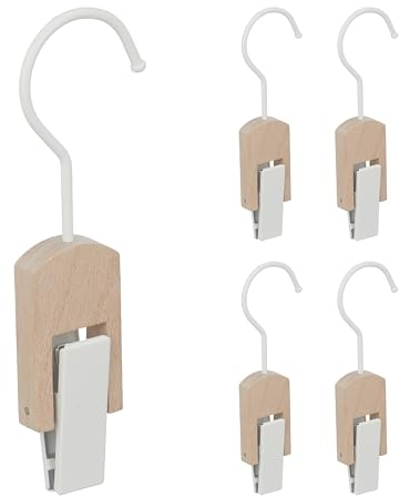Relaxdays Stiefelhaken 5er Set, Eisen & Holz, Klemmhaken zum Aufhängen, gummierte Clips, Haken mit Klammer, weiß/natur, 19 x 6 x 3 cm