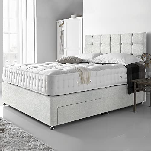 DBZ BEDS Reinforced Double Bed Set 4 FT 6 with 2000 Series Mattress - White Crushed Velvet Divan Beds Set with Various Storage Options – 26 Inch Headboard with Chrome Glider Feet (Double)