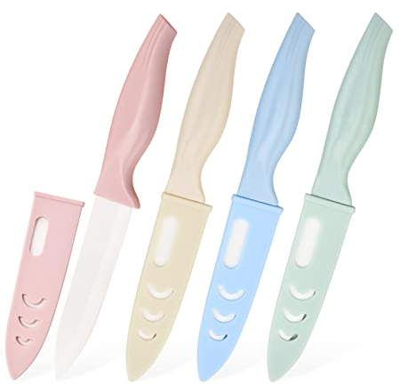 Lomgwumy Fruit Knife, Fruit Knife Set, with Scabbard, Exquisite and Beautiful, Fruit Knives Small is Suitable for Most Vegetables, Fruits and Meat (Pink, Green, Blue, Beige)