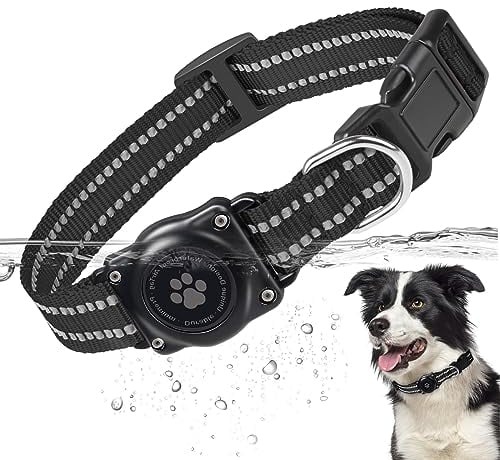 Airtag Hundehalsband, zu 100% wasserdichte Integrierte Apple AirTag Hundehalsbänder, Reflektierendes GPS Hundehalsband mit Hartem PC AirTag Halterungsgehäuse für Kleine & Große Hunde (Schwarz)