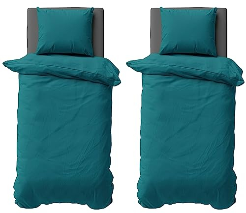 Visaggio Bettwäsche 135x200 cm Mikrofaser Uni Einfarbig 4 teilige Bettbezug Set mit Reißverschluss Petrol