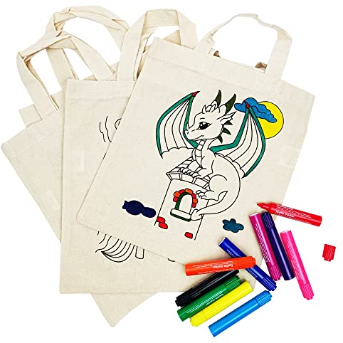 Cottonbagjoe | 25 Baumwolltaschen zum Ausmalen | Mandalas, Dinosaurier | 28x32 cm | Mitgebsel | bedruckt | 5 Motive | kurze Henkel | DIN A4 | Geschenktaschen | Jutebeutel | natur