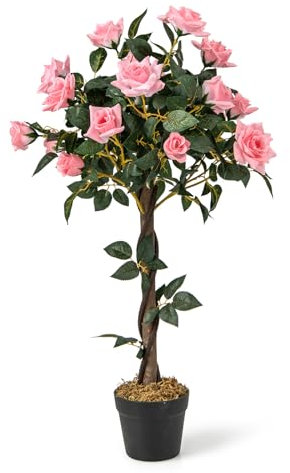 GIANTEX Plante en pot avec roses artificielles, arbre à fleurs réaliste avec tronc en bois et pot en ciment, sans entretien, pour décoration de maison et de bureau