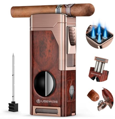 Usewire Cigar Lighter, Metal Torch Lighter with V-Cigar Cutter, Cigar Holder, Cigar Punch, Refillable Butane, 4 Jet Windproof Lighter, Multi-Purpose Cigar Accessory