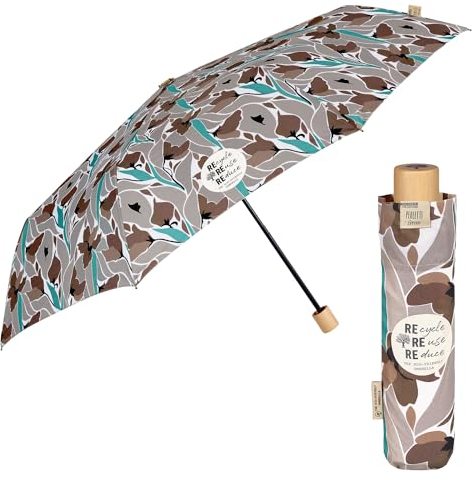PERLETTI GREEN Manueller Regenschirm Ökologisch für Frauen - Damen Taschenschirm mit Holzgriff und Stoff Recycelt - Umwelfreundlicher Schirm Kompakt Windfest Klein - Durchmesser 97 cm (Brune Blumen)