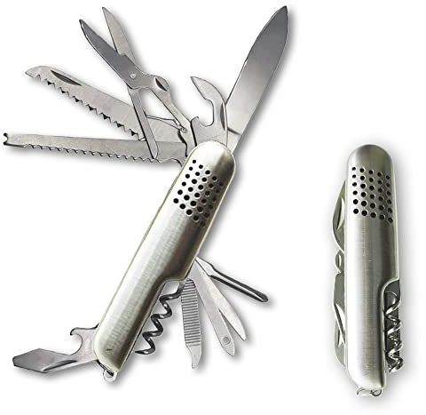 Coltello multiuso con 11 attrezzi in acciaio inox, per caccia, pesca, campeggio e altro ancora. Piccolo portachiavi pieghevole da tasca con funzioni per vivere e avventure (metallo)