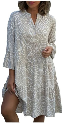 Women V Neck 3/4 Sleeve Midi Dress Vintage Ethnic Print Ruffle Casual Short Dresses Loose Beach Holiday Sundress Ladies Plus Size Summer Casual Dresses UK Beige