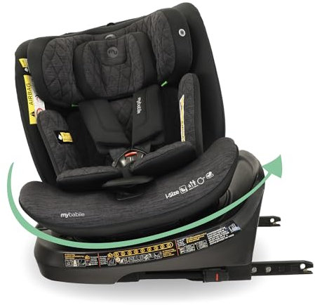 My Babiie MBCS200 360° Spin R129 Baby Car Seat – Top Tether, ISOFIX, Birth to 12yrs (40-150cm), i-Size, ERF, Group 0+/1/2/3, Rotating 360 Swivel - Black Melange