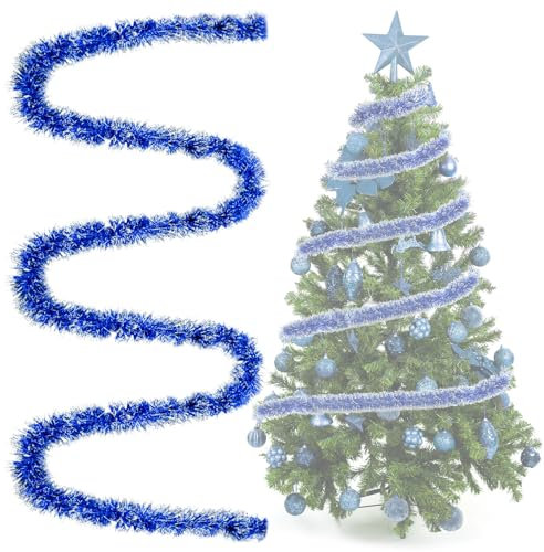 Lametta Weihnachtsbaum Blau & Weiß 4X 3M Girlande Weihnachten Lametta Ø 9 cm,Glänzend Weihnachtsgirlanden Tannengirlande Weihnachtsbaumschmuck Blau Weihnachtsdeko Christbaumschmuck Girlande