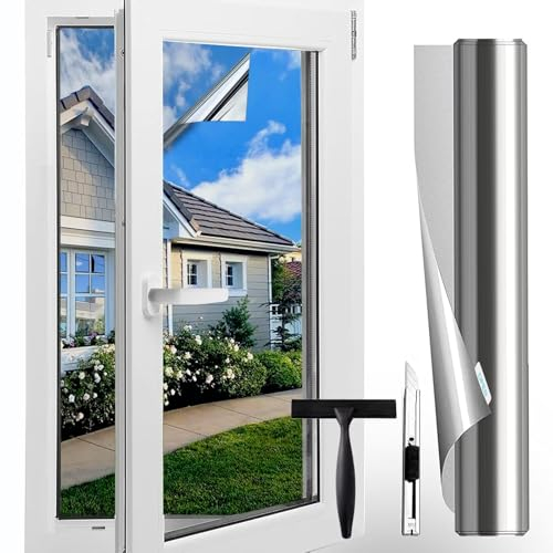 Gufoltie Sonnenschutzfolie Fenster innen oder außen 76x200cm Spiegelfolie Fenster Sichtschutz uv Folie Fenster hitzeschutz Rückstandslose Wärmeschutzfolie Thermofolie Fenster Gegen Hitze Silber