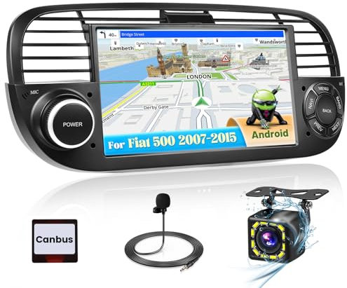 Inefala Autoradio Android per Fiat 500 2007-2015, Stereo Auto 7 Pollici Touchscreen con GPS WiFi, Autoradio Bluetooth 2 Din con Mirror Link RDS/FM SWC Mic Retrocamera (1+32G)