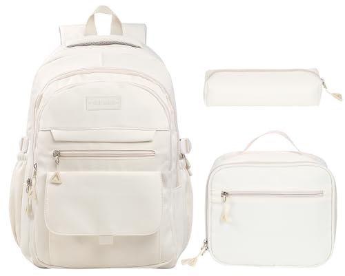 Phaoullzon Mochila escolar para niñas adolescentes con lonchera para niños, bolsa de libros para laptop estética universitaria para mujeres, Beige, L, Juego de mochila y bolsa de almuerzo