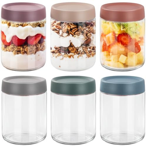 FoiiLiio 6Pcs 500ml Overnight Oats Jars,Bocaux en Verre Réutilisables avec Couvercles,Boîtes À Avoine de Nuit,rPot Yaourt en Verre Avec Couvercle,Mason jar pour L'Avoine,Salade,Pudding,Confiture