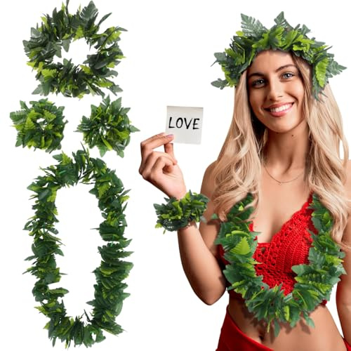 Garneck Hawaii Kostüm Set Erwachsene 4-teilig, Sommer Party Zubehör | Hula Rock, Blumenkranz, Stirnband und Armbändern, Hawaiianisches Kostüm Set für Karneval, Geburtstag, Mottoparty Luau Party