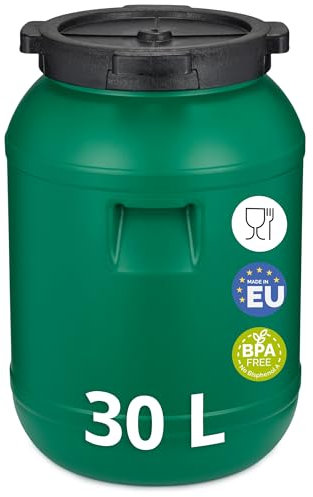Garronda 30 litros Barril alimentario, depósito de Agua, Barril de Boca Ancha en HDPE y sin BPA, tonel de jardín, contenedor de Alimentos para Animales, Barril Universal GD-0078, Verde