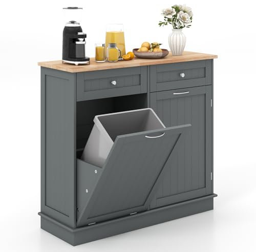 GiantexUK Kitchen Trash Bin Cabinet, Tilt Out Recycling Trash Can Cabinet with Rubber Wood Countertop, Adjustable Shelf & Drawers, Freestanding Garbage Can Holder for Laundry (Grey)