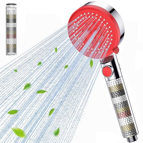 Gritin Soffione Doccia con Filtro, Doccino per Doccia Risparmio Idrico con Aumento Della Pressione, 5 Tipi di Getto, Cromata Doccetta Con Funzione di Dell'acqua One-Touch-Stop