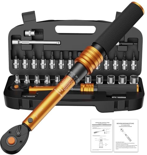 33PCS 1/4 Torque Wrench Set 3-25 Nm, Small Torque Wrench Bike, Dual-Direction 72 Teeth, ±3% Accuracy, with Extension Bar, Socket Bits (Hex & Torx & Philip), for Mountain Bike, Bicycle Repair