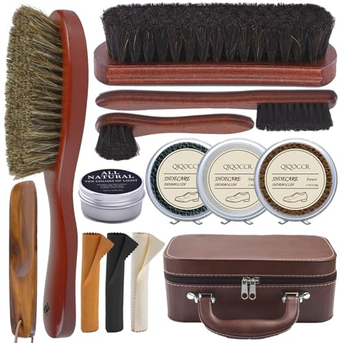 QIQOCCR Shoe Cleaning Kit,13PC Leather Boot Care Kit, Shoe Polish, Mink Oil, Shine Cloths, Shoe Brushes, Shoe Horn, and More for Leather Boot Care and Cleaning, Leather Polish Kit Gift for Men Women