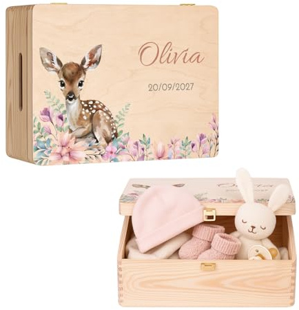 Maverton Erinnerungsbox Baby mit Namen, Aufbewahrungsbox mit Deckel | Personalisierte Geschenke Baby, Geschenk für Mädchen und Jungen zur Geburt zur Taufe, Weihnachtsgeschenke, aus Kiefernholz