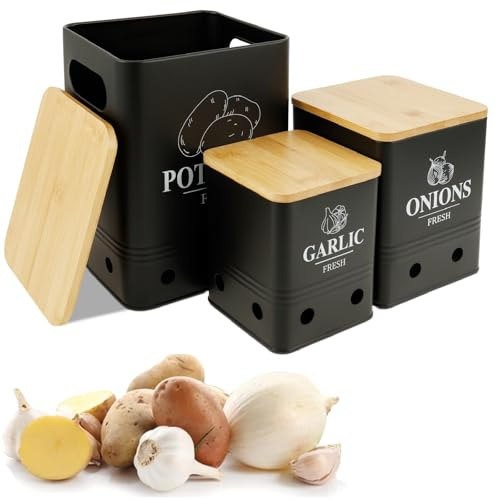 Guniata 3 Stück Kartoffel Aufbewahrungsbox,Stapelbar Zwiebel Kartoffel Knoblauch Aufbewahrung aus Karbonstahl,in 3 Größen,Vorratsdosen für Zwiebeln mit Deckel,Hält Gemüse Länger Frisch(schwarz)