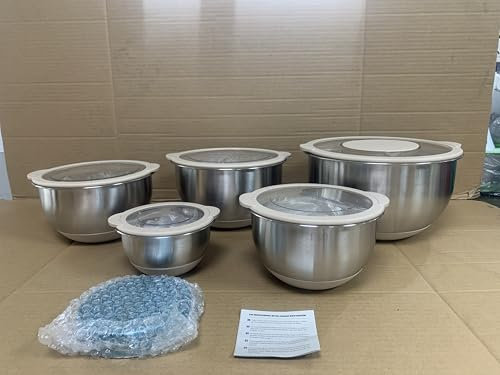 Deedro Edelstahl-Schüsseln mit Transparentem Deckel [5er Set], 4.7L/2.8L/1.9L/1.4L/0.63L – Rührschüssel, Salatschüssel, Schüsselset, Khaki | rutschfest, stapelbar, Spülmaschinenfest | inkl. Reibe