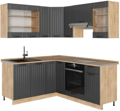 Vicco Eckküche Fame-Line, Dunkelgrau/Goldkraft Eiche 190 x 160 cm | 10 Module · Höhenverstellbare Füße · Arbeitsplatte Eiche · MDF-Fronten · Softclose · Metallgriffe