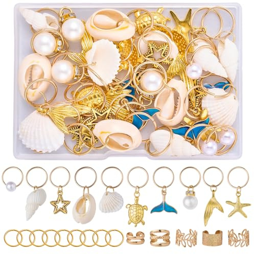 HUAAPLEVLA Hair Jewelry for Braids Hair Accessories, Seashell, Gold, 54 Pcs | Beach Braids Rings, Cuffs Clips Loc Jewelry, with Shell Starfish Pearl Charms, for Dreadlock Accessories