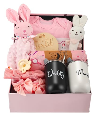 Neugeborenen Geschenk,12 In 1 Baby Set Neugeborene,Baby Geschenkset,Mit Babykleidung, Badetücher,Kuscheltiere,Handrasseln,Schuhe,Tassen,Geschenke Zur Geburt Für Jungen Und Mädchen (Rosa)