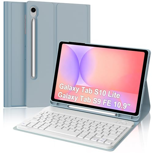 IVEOPPE Funda con Teclado para Samsung Galaxy Tab S10 lite/S10 FE/S9 FE 10.9/S9 11, QWERTY Español Ñ, Bluetooth Magnéticamente Teclado con Portalápices, Azul grisáceo