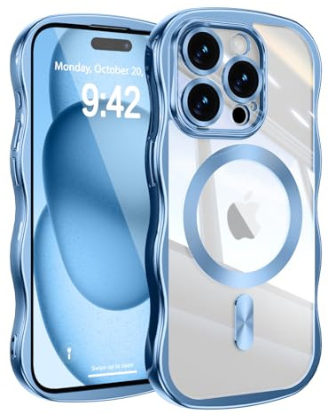 UEEBAI for iPhone 13 Pro Max Case, Cute Wave Translucent Frame Magnetic Phone Case Compatible with Magsafe Full Camera Protection Cover Soft Electroplated Phone Cover for Women Girls - Blue